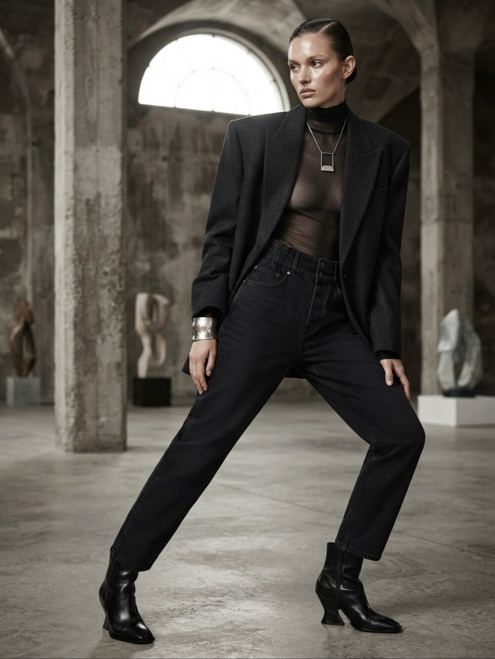 154. All Saints Wide/barrel Smocked Elastic Back Black Jeans